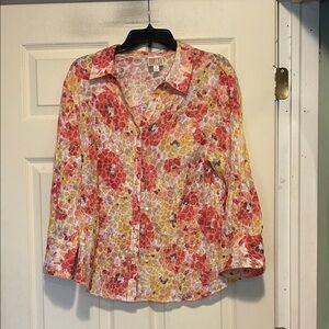 JM Collection Sequined V-Neck Pink and Yellow Floral Blouse Size 16